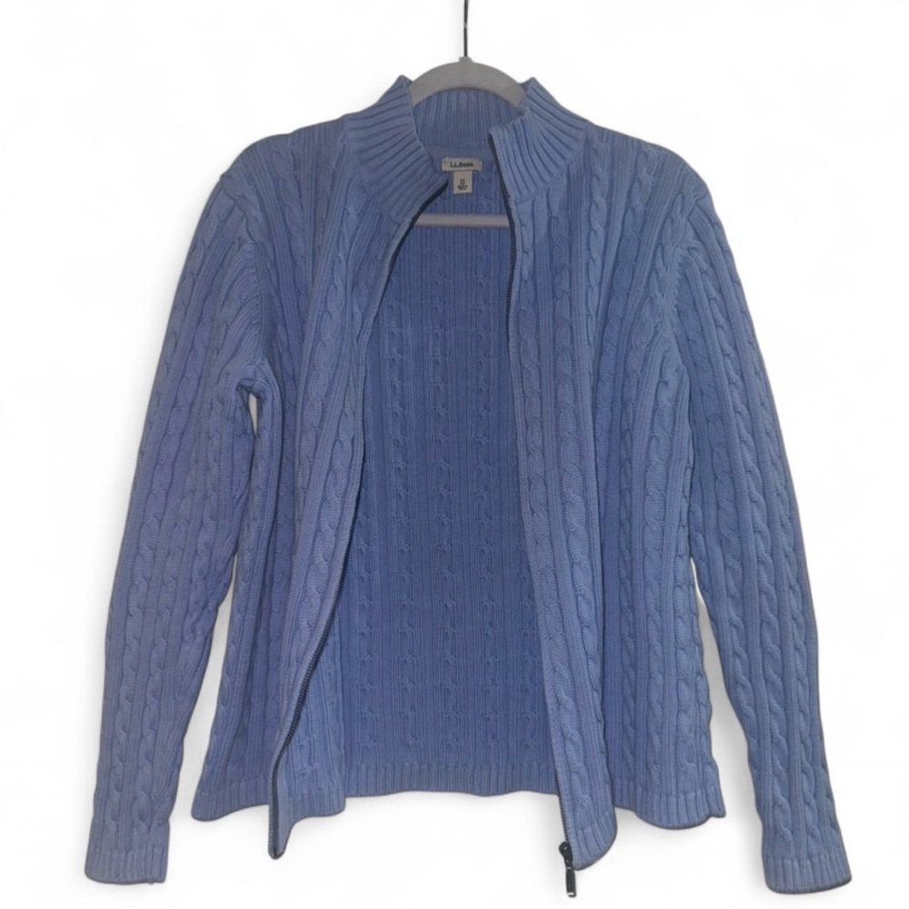 L.L. Bean Women's‎ Blue Cable Knit Full Zip Cardigan Sweater Mock Neck XL Cotton